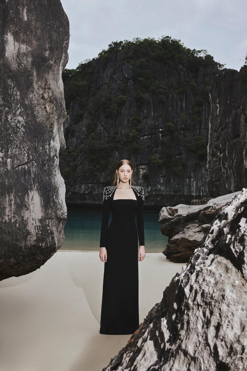 Long Sleeve Queen Anne Neckline Dress
